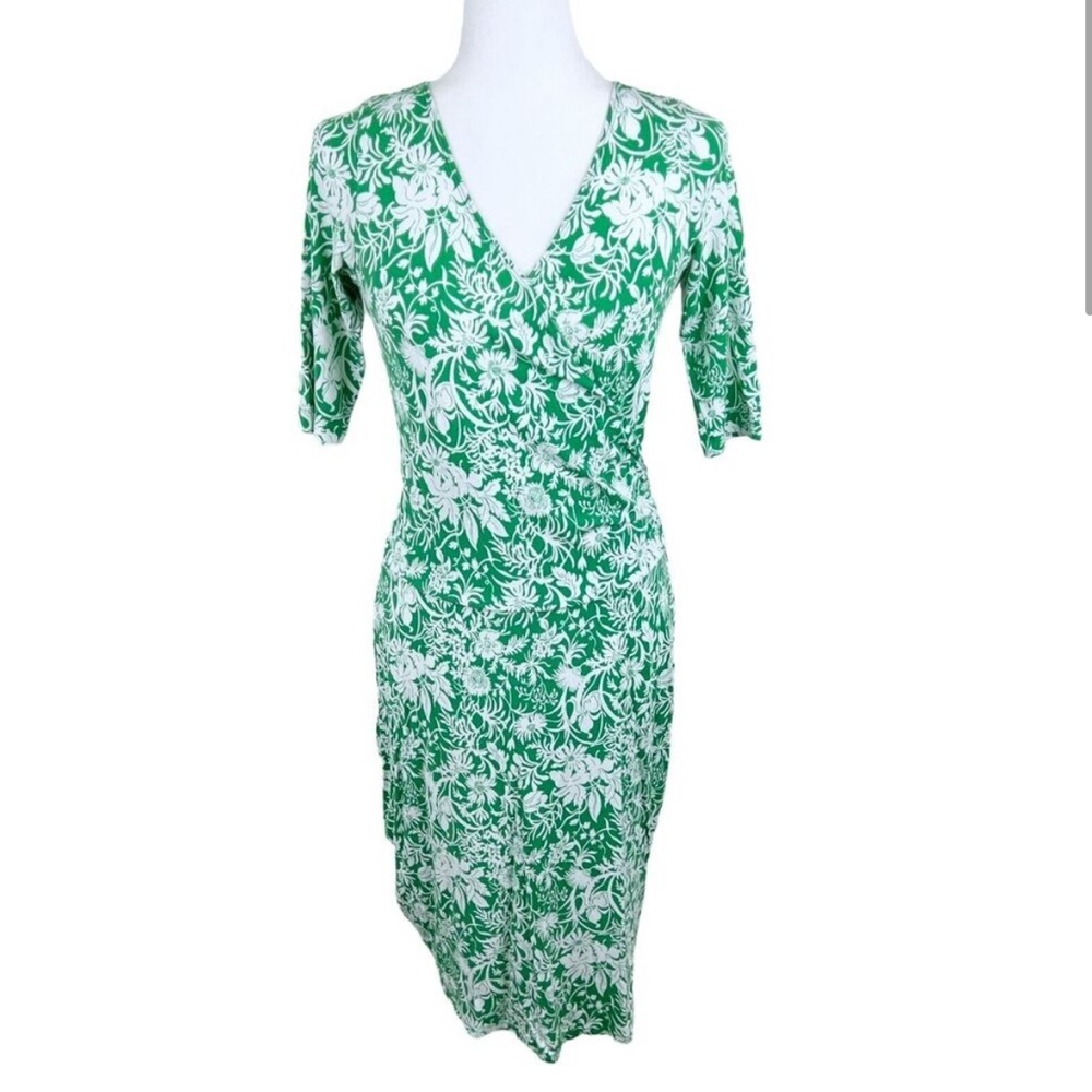 Cabi Dress Women Medium Green White Floral Surplice Midi Tropical Jersey